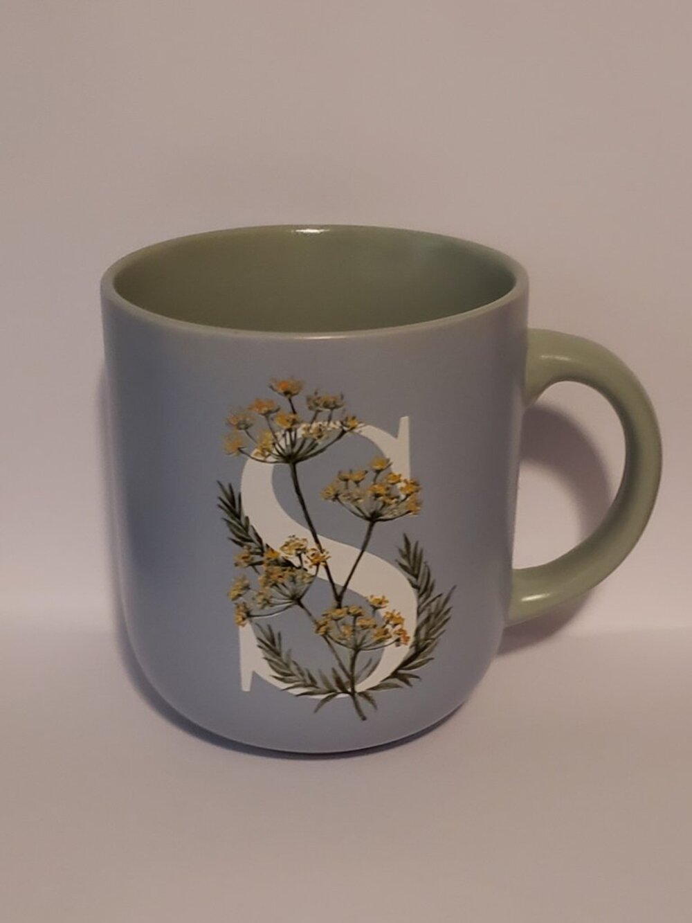 S Initial Monogram Letter Mug Floral Blue Green White Bee & Willow Coffee Mug